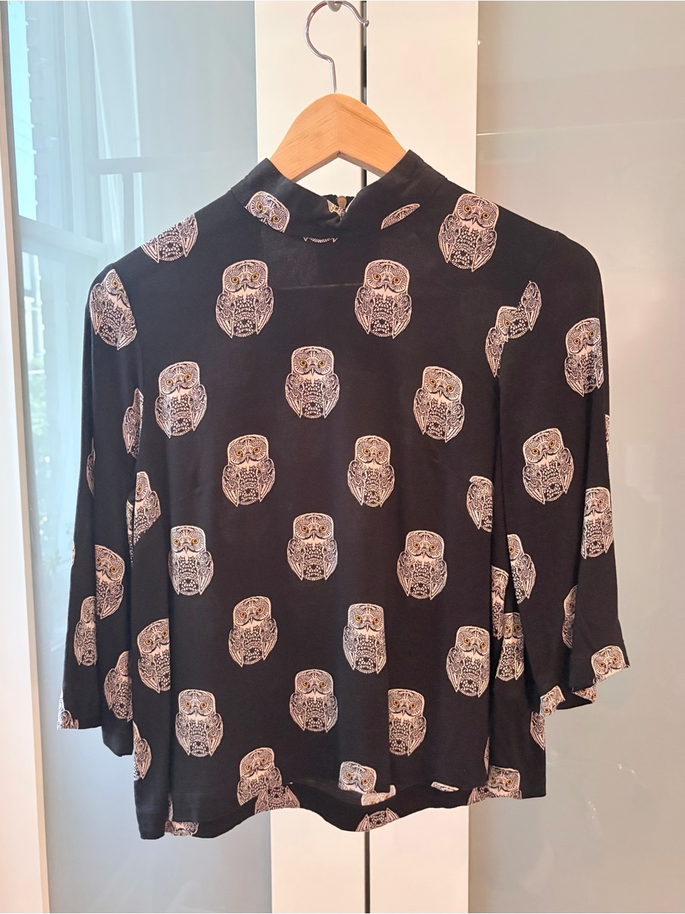 Black Owl Print A-Line Flared Sleeve Cropped Blouse Size 4 XS